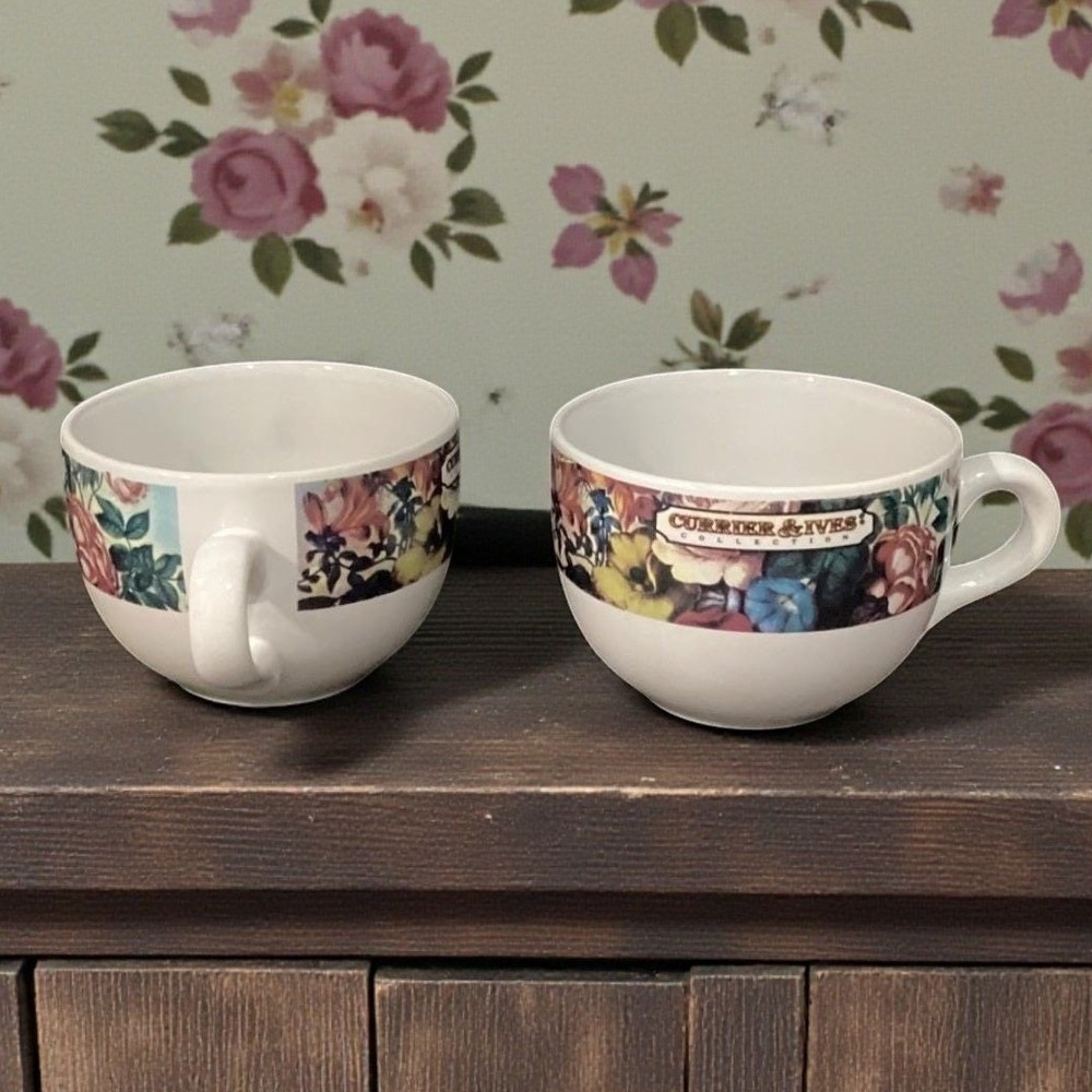 Currier & Ives Collection Spring Bouquet Large Coffee‎ Cups, Floral Set of 2